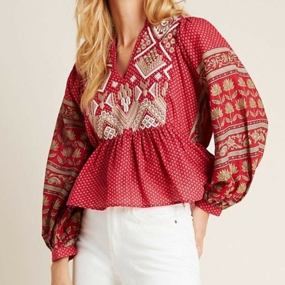 Anthropologie Tops - Anthropologie~Keira~Embroidered Red~ Peplum Blouse~Bohemian Boho~Hippie~ US2 UK6